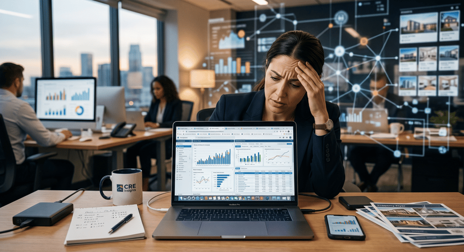 Commercial real estate broker evaluating property data charts on a laptop workspace.