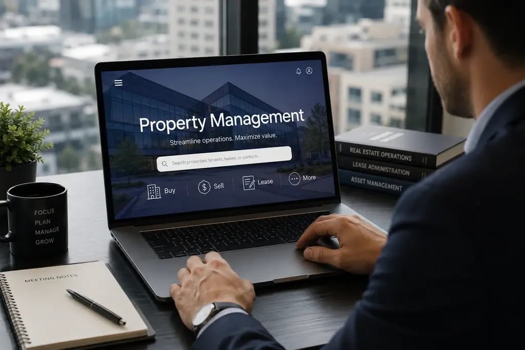 Professional using a property management software dashboard on a laptop in a modern office.